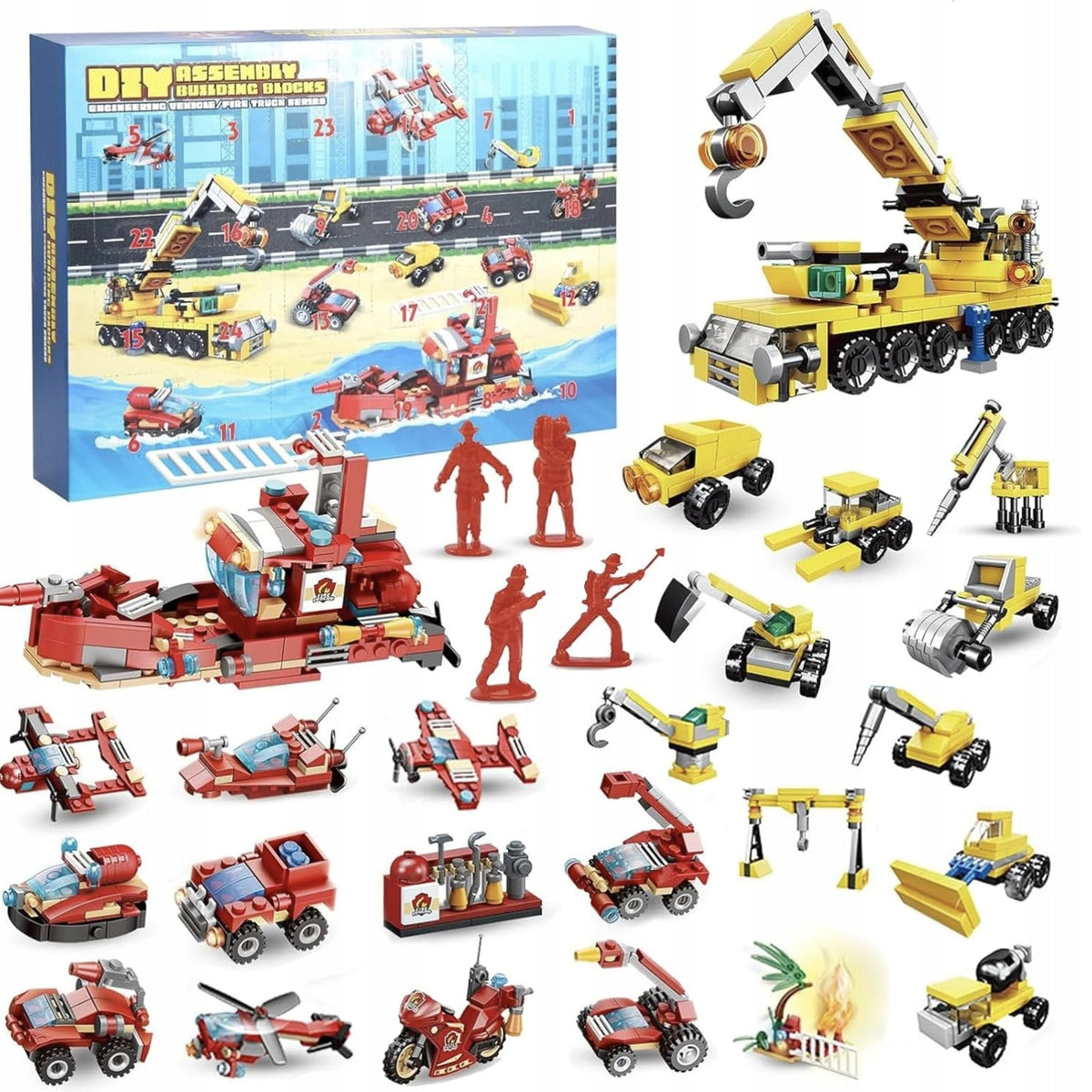 KALENDARZ ADWENTOWY DLA DZIECI KLOCKI STRAŻ POŻARNA POJAZDY PREZENT MIKOŁAJ