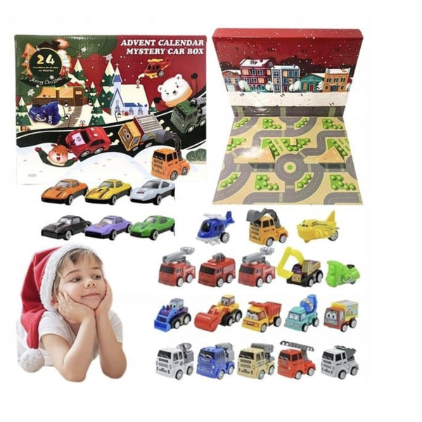 KALENDARZ ADWENTOWY Z AUTKAMI POJAZDAMI DLA CHŁOPCA PREZENT ZABAWKI ŚWIĘTA