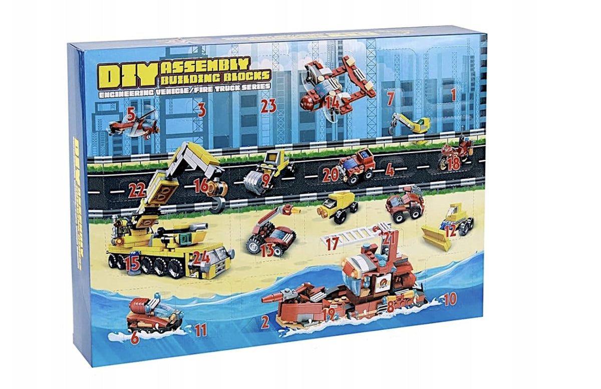 KALENDARZ ADWENTOWY DLA DZIECI KLOCKI STRAŻ POŻARNA POJAZDY PREZENT MIKOŁAJ