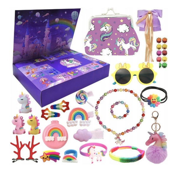 KALENDARZ ADWENTOWY Z OZDOBAMI DO WŁOSÓW DZIEWCZYNEK JEDNOROŻEC NA ŚWIĘTA