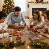 Rodzina układająca puzzle przy stole